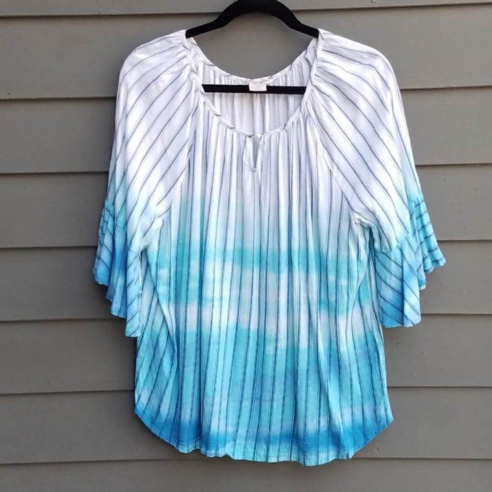 Boho Allison Daley Graded Tie Dye Turquoise/White Peasant Top Size Med